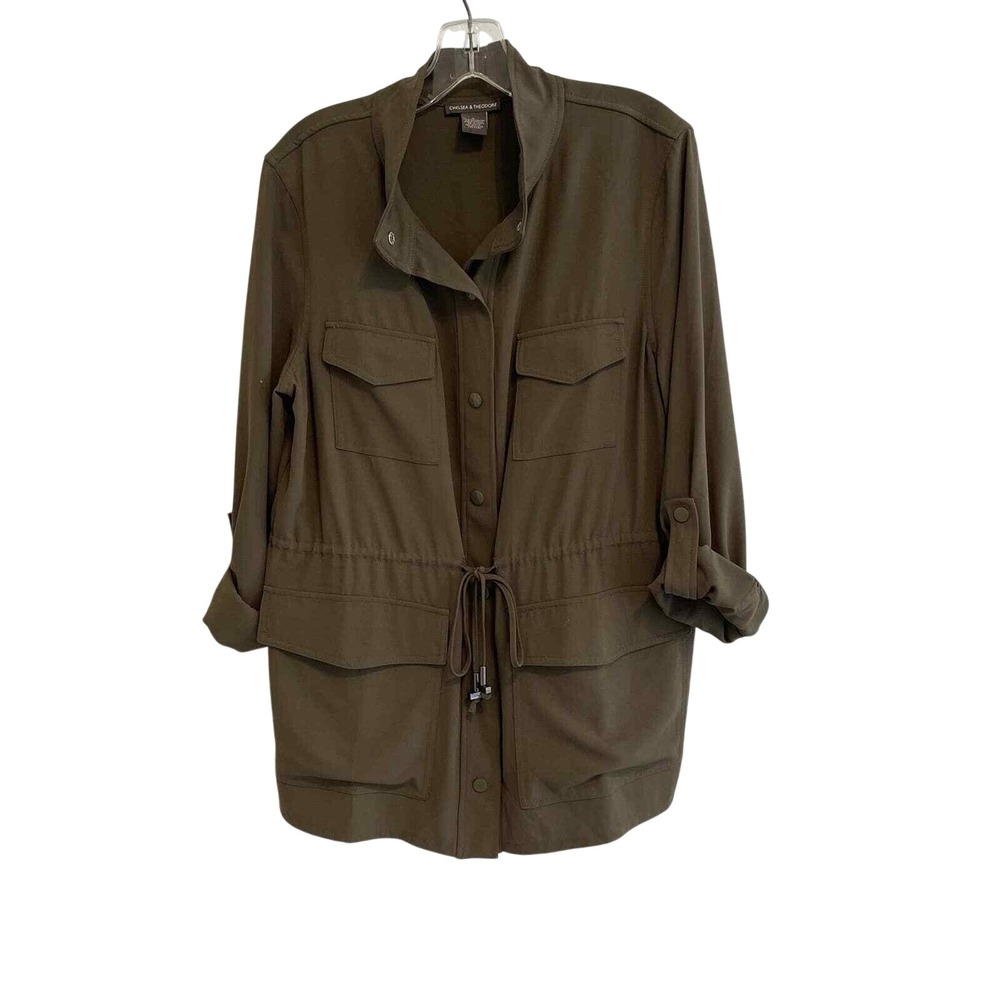 Chelsea & Theodore Olive Green Utility Jacket Roll Tab Sleeve Snap Front Large - Picture 2 of 7